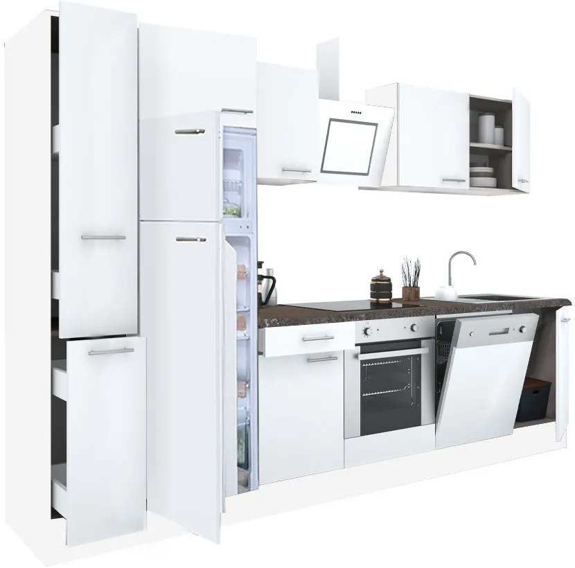 Mobilă de bucătărie Yorki 310, corp alb, față alb satinat, element cuptor inferior, frigider congelator superior