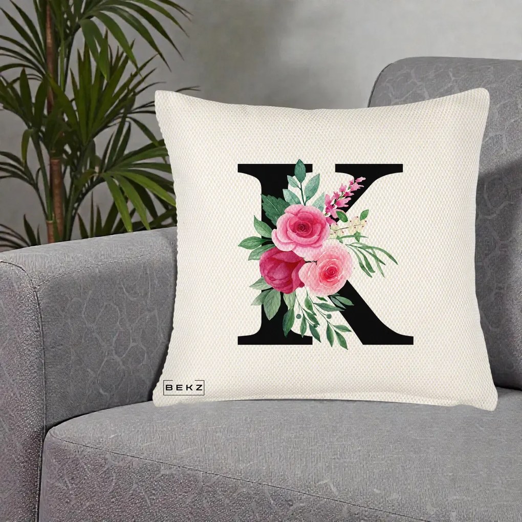 Cadou Personalizat - Perna Personalizata Monograma Florala Litera K, 40x40 cm, Crem Reliefat, Husa Detasabila, Perna Inclusa, BEKZ®