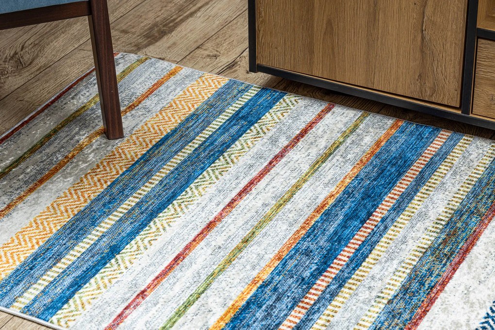 ANDRE 35950 covor lavabil Linii, geometric anti-alunecare - albastru / galben