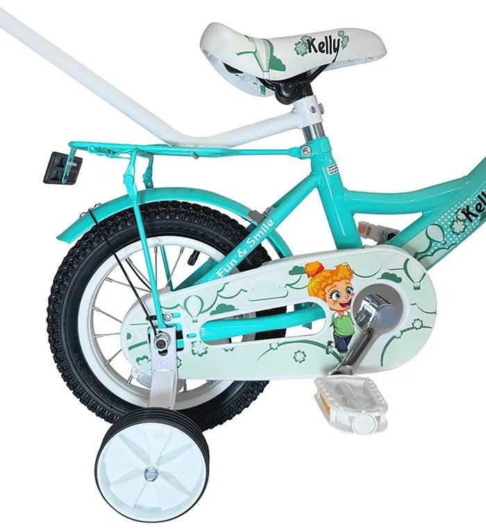 Bicicletă pentru copii cu bară de ghidare, coș și roți auxiliare 12 – pentru copii cu vârsta între 2,5 și 4 ani