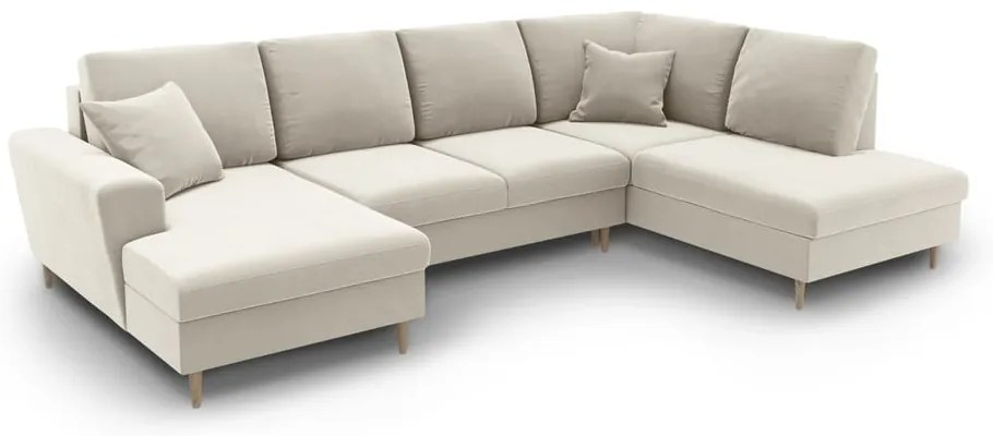 Colțar bej extensibil, cu spațiu de depozitare cu tapițerie din catifea (cu colț pe partea dreaptă-în formă de "U") Kyoto – Cosmopolitan Design