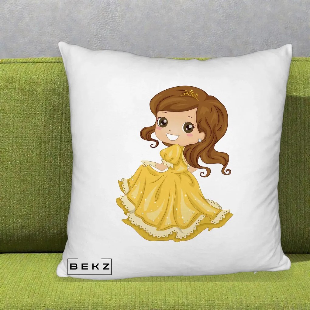Perna Decorativa Printesa Bella Rochie Aurie, 40x40 cm, Alb Pufos, Husa Detasabila, Perna Inclusa, BEKZ®