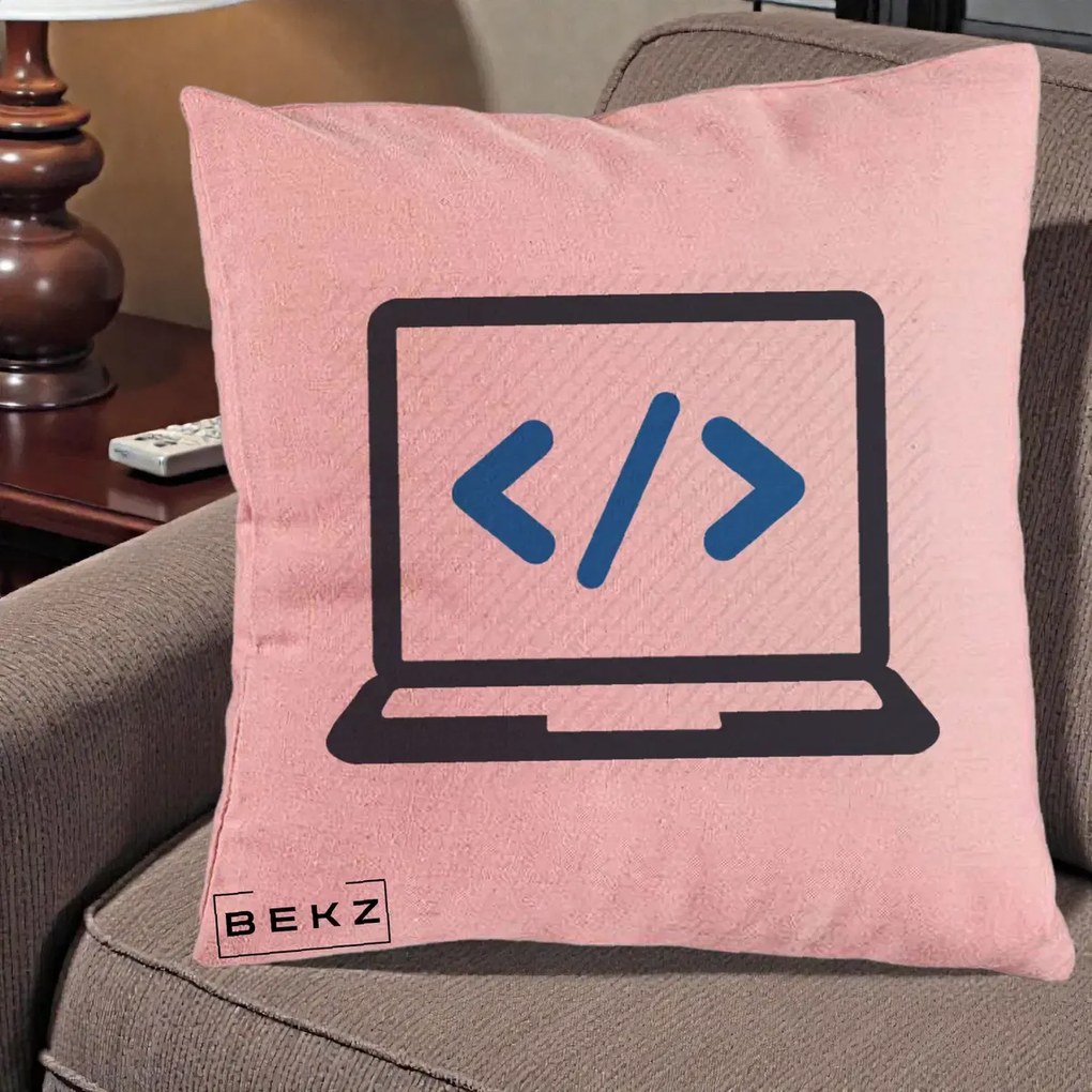 Perna Personalizata Laptop Cod HTML, 40x40 cm, Roz, Husa Detasabila, Perna Inclusa, BEKZ®