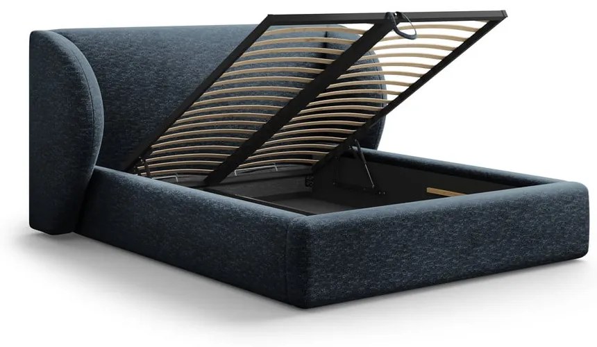 Pat matrimonial albastru închis tapițat cu spațiu de depozitare cu somieră 180x200 cm Miley – Micadoni