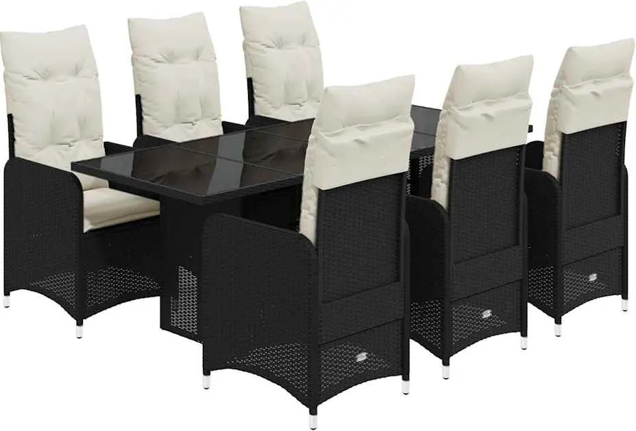 vidaXL Set bistro de grădină, 7 piese, cu perne, negru, poliratan