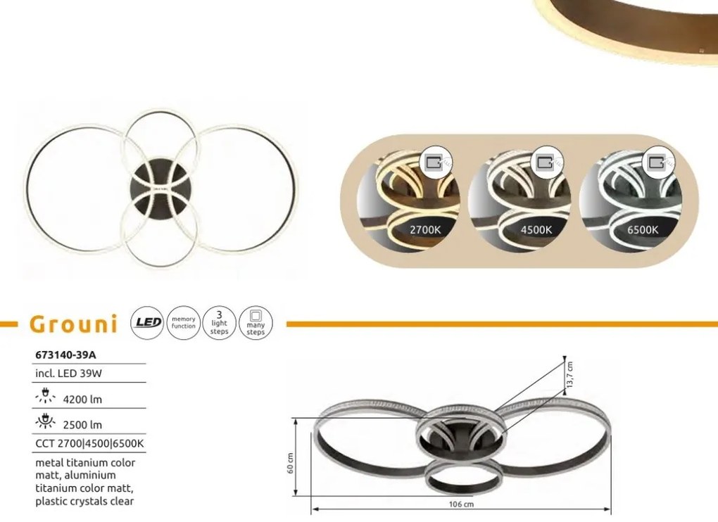 Plafoniera LED CCT GROUNI aluminiu titan mat