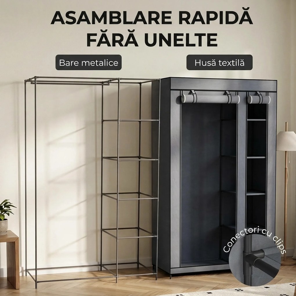HOMCOM Dulap Textil pentru Economisirea Spațiului, cu Bară pentru Umerașe și 5 Polițe, 110 x 45 x 175 cm, pentru Dormitor, Gri | Aosom Romania