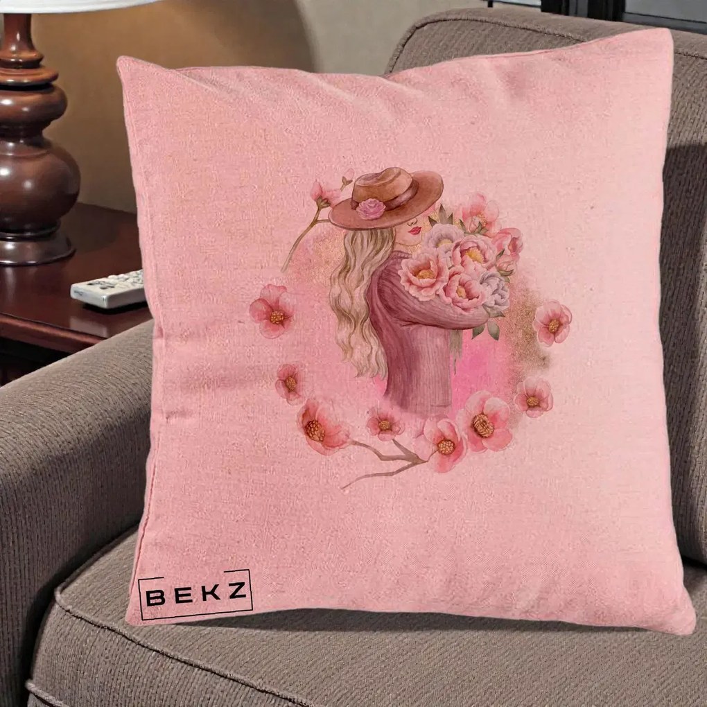 Perna Decorativa Femeie cu Flori Roz Acuarela, 40x40 cm, Roz, Husa Detasabila, Perna Inclusa, BEKZ®