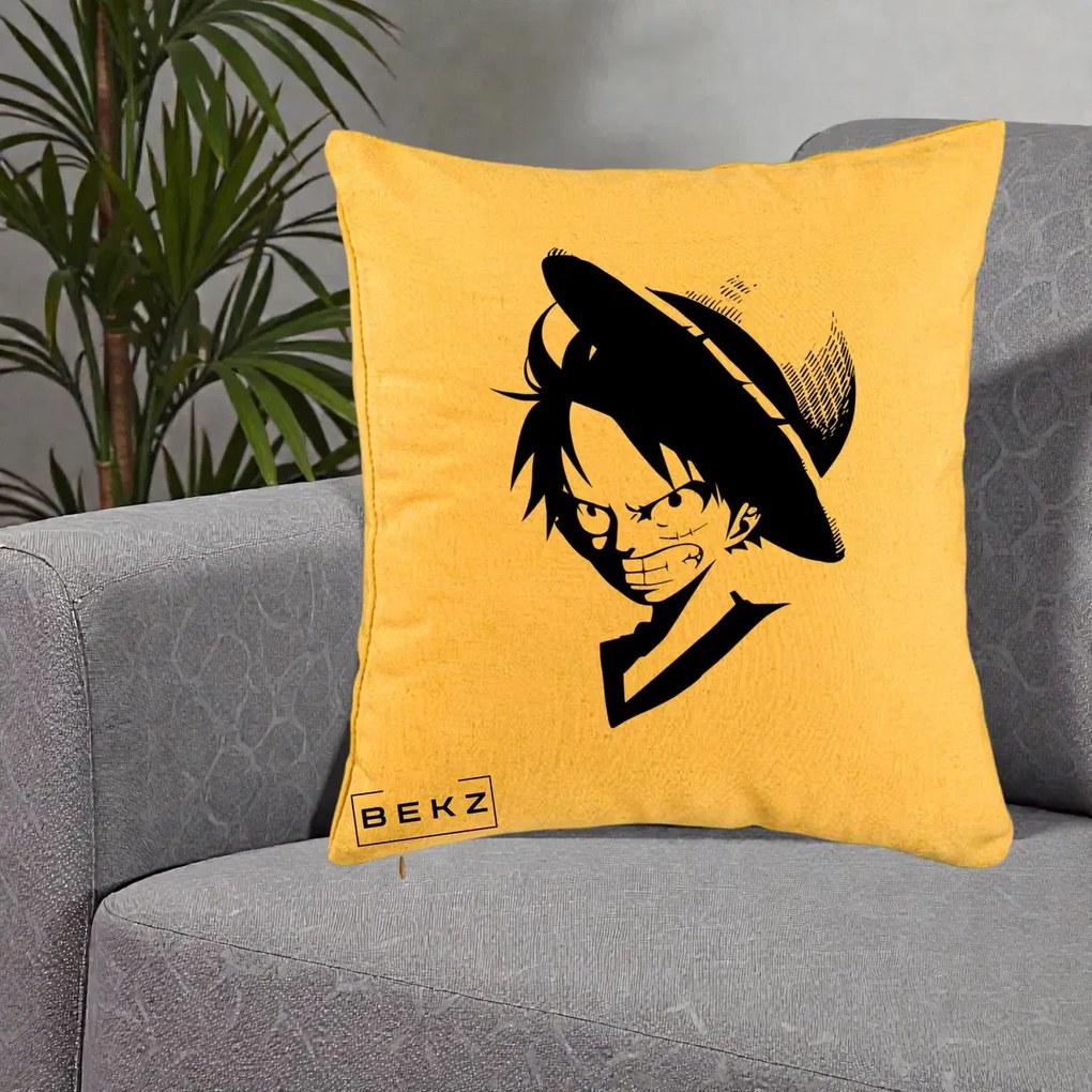 Perna Personalizata One Piece Luffy Silueta Alb-Negru, 40x40 cm, Galben, Husa Detasabila, Perna Inclusa, BEKZ®