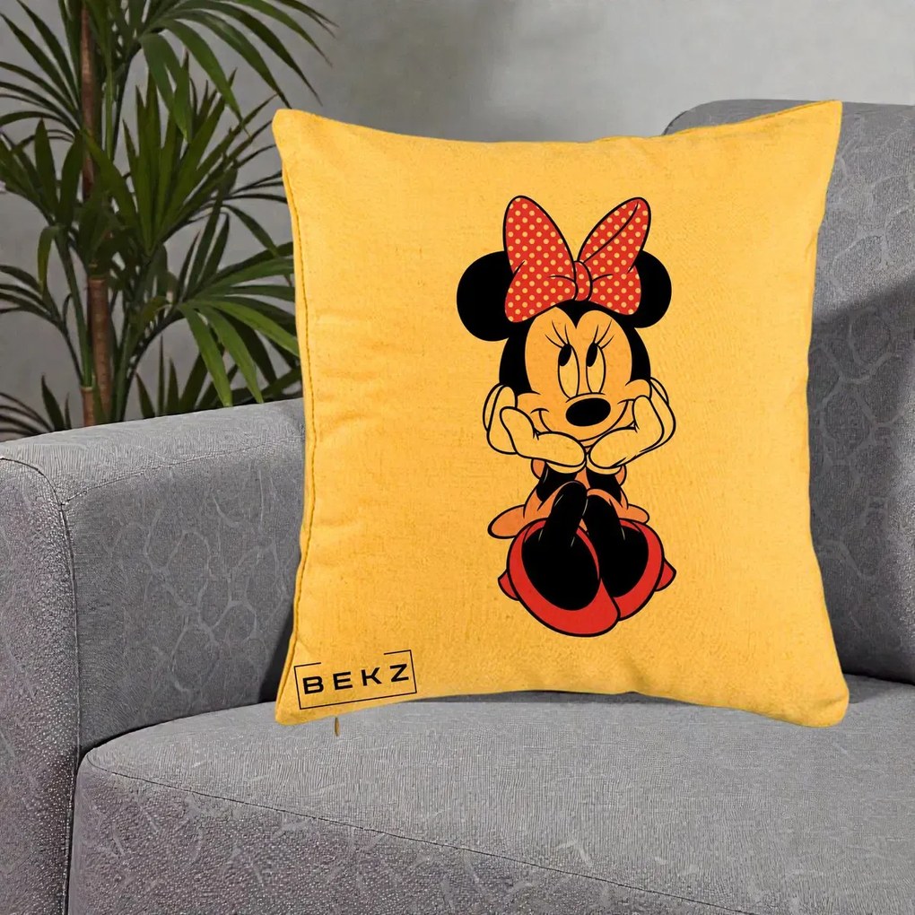 Perna Personalizata Minnie Mouse cu Fundita, 40x40 cm, Galben, Husa Detasabila, Perna Inclusa, BEKZ®