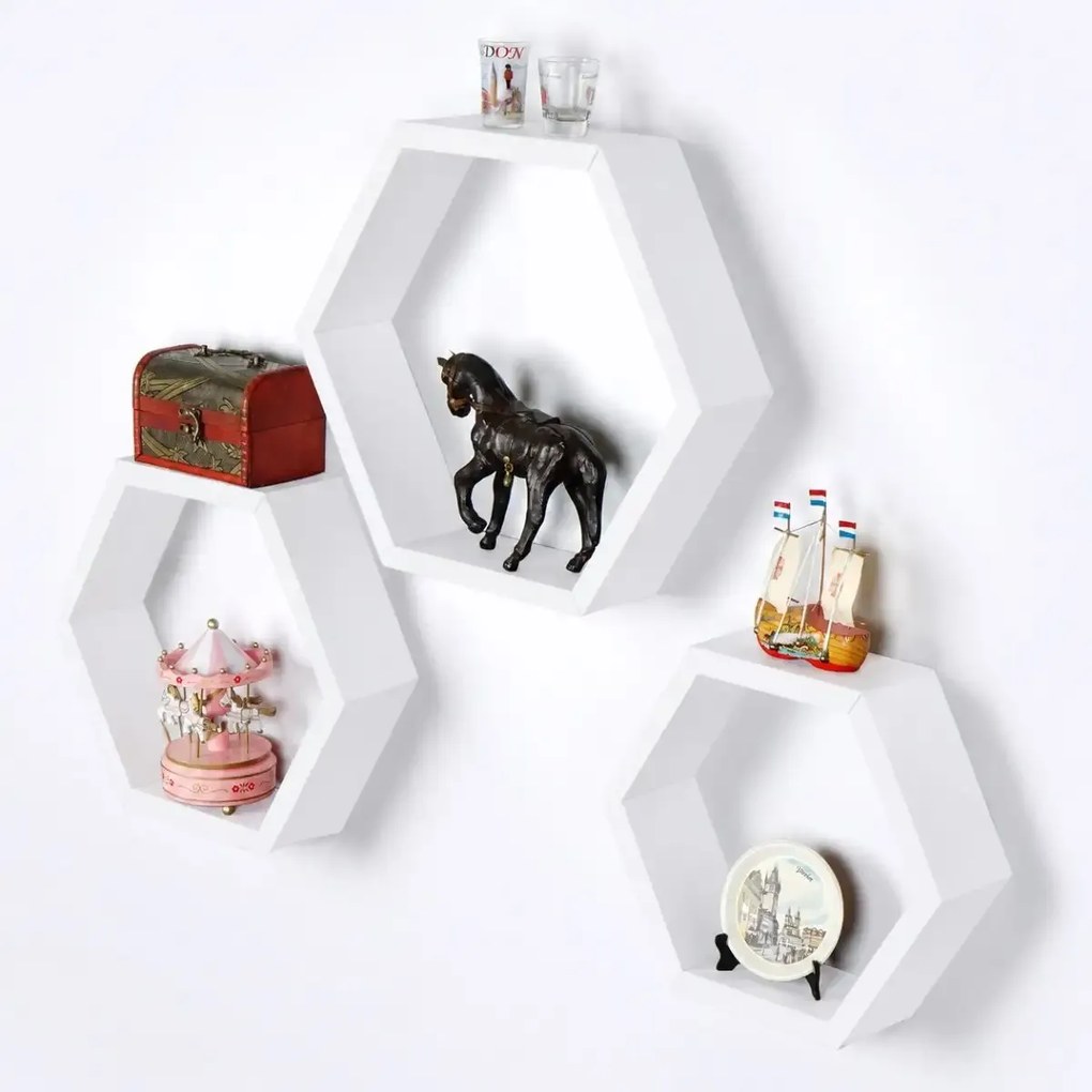 Set 9 rafturi perete Hexa Culoare alb,Homs,Seia A620,lemn natur