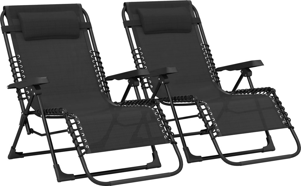 Outsunny Set de 2 șezlonguri pentru bronzat, șezlong pliant reglabil cu tetieră din textilenă, 90 x 65 x 112 cm, negru | Aosom Romania
