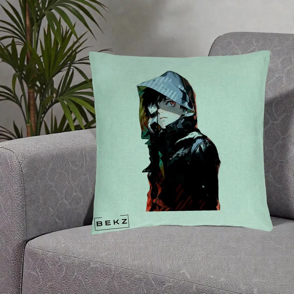 Perna Personalizata Tokyo Ghoul Ken Kaneki cu Masca si Gluga, 40x40 cm, Verde Menta, Husa Detasabila, Perna Inclusa, BEKZ®
