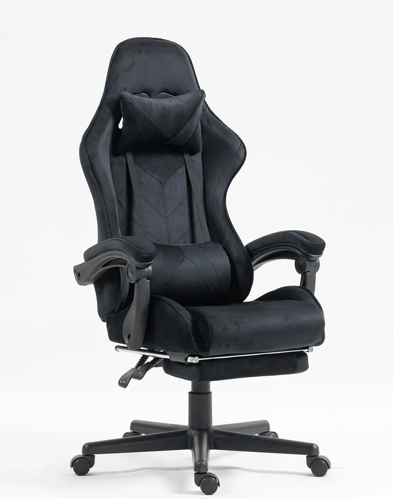 RESIGILAT- Scaun gaming, masaj în perna lombară, suport picioare, catifea, Negru