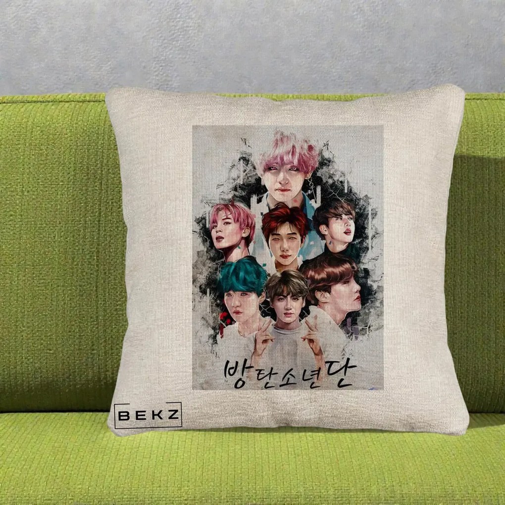 Perna Personalizata K-pop BTS Bangtan Boys Poster Artistic Negru Alb, 40x40 cm, Bej Canapea, Husa Detasabila, Perna Inclusa, BEKZ®