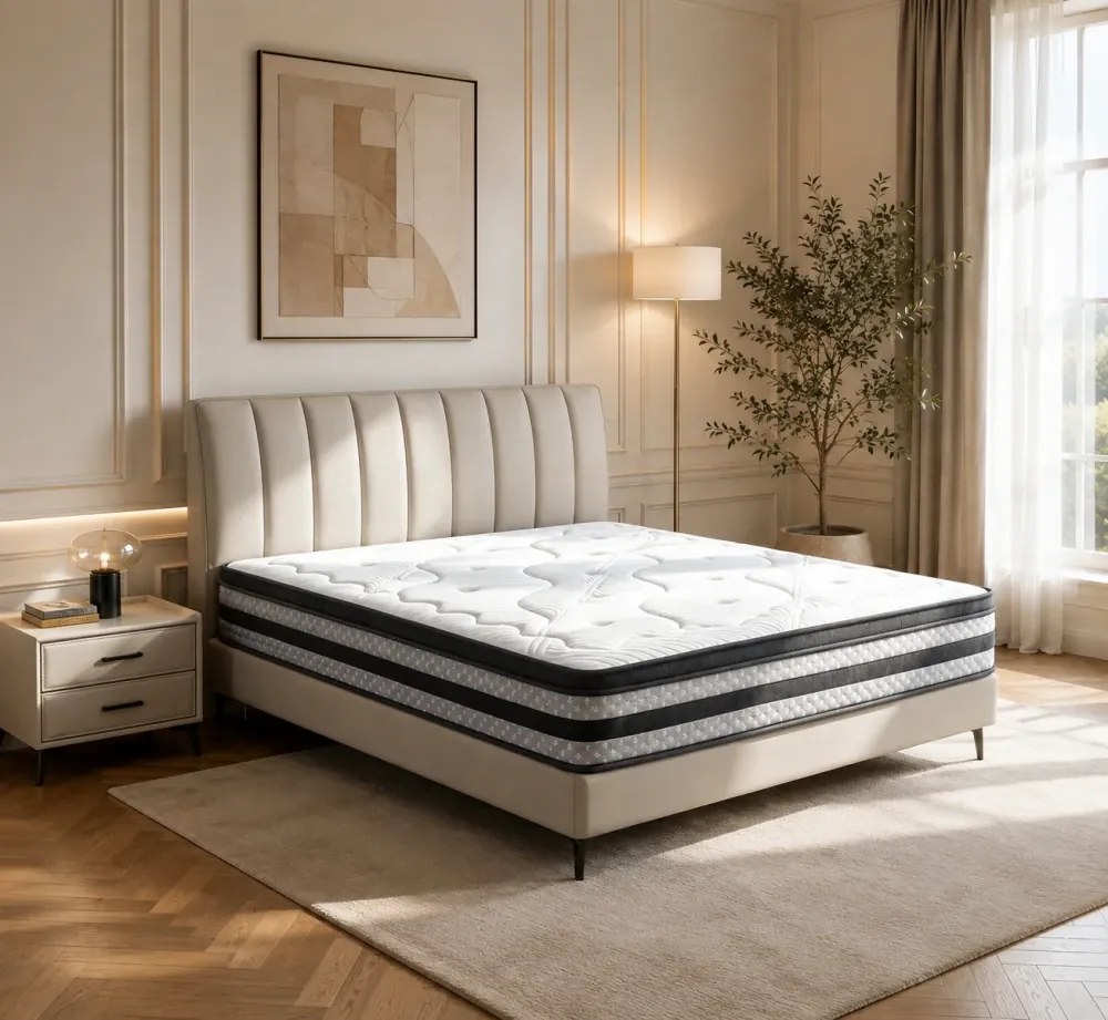 Saltea hibridă premium cu Memory Foam cu Gel și Arcuri individuale, Structură multistrat, suprafața Tencel, 25 cm