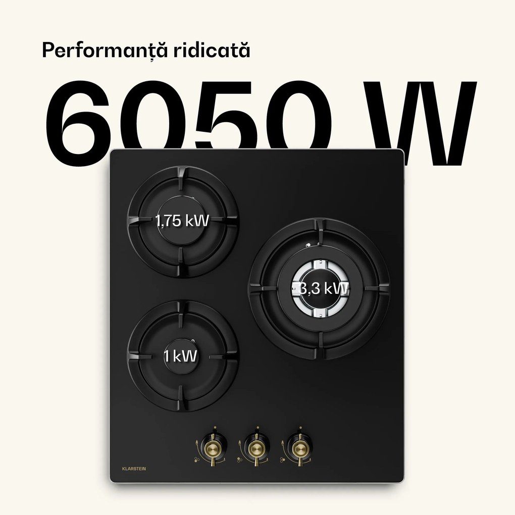 Klarstein Victoria plită pe gaz | 3 arzătoare din aluminiu | Compatibil gaz natural și GPL | 6050 W | 45 cm
