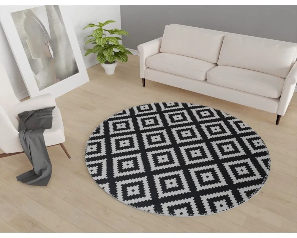 Covor negru-alb lavabil rotund ø 100 cm – Vitaus