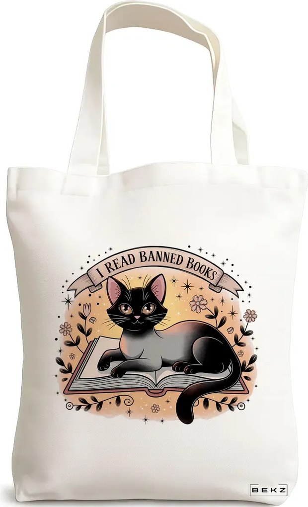 Sacosa de Panza pentru Cumparaturi, Geanta Tote, model I read banned books 38 x 34.5 cm, Alba, BEKZ®