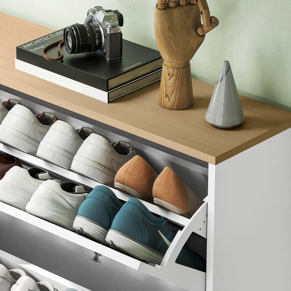 Dulap Îngust HOMCOM pentru Încălțăminte cu 4 Sertare Rabatabile, Dulap Subțire pentru Depozitarea Încălțămintei cu Rafturi Reglabile pentru Hol, Capacitate 24–32 Perechi, Alb | Aosom Romania