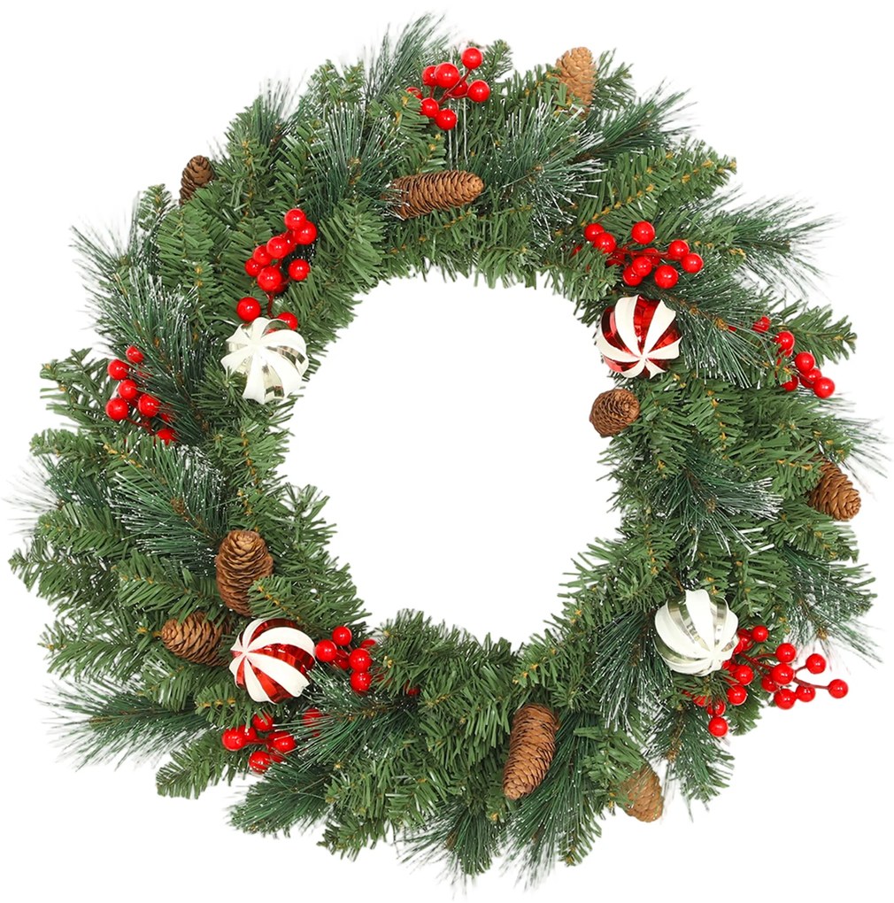 HOMCOM Ghirlandă de Crăciun 60 cm cu 146 Ramuri Înzăpezite, Conuri, Boabe și Bile | Aosom Romania