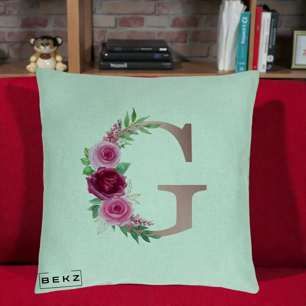 Cadou Personalizat - Perna Personalizata Monograma Rose Gold Litera G, 40x40 cm, Verde Menta, Husa Detasabila, Perna Inclusa, BEKZ®