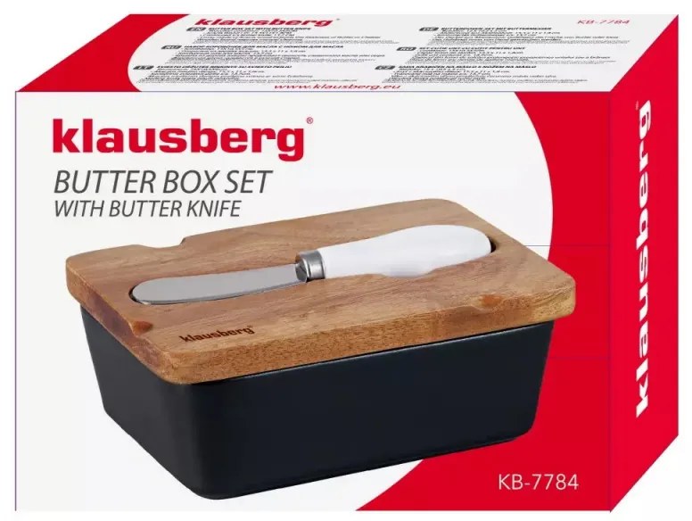 Cutie ceramica si cutit pentru unt Klausberg KB 7784, Capac lemn de salcam, Negru/maro