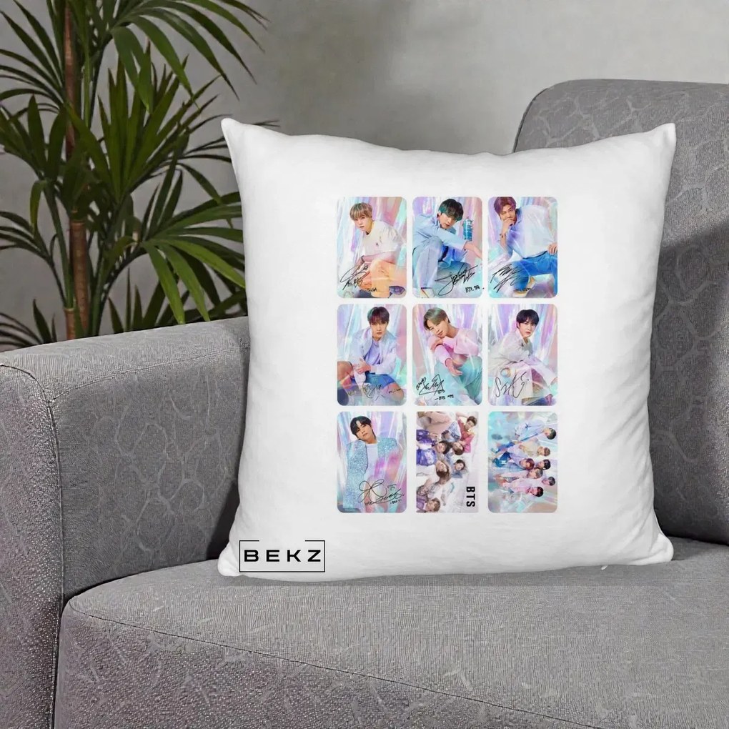 Perna Personalizata K-pop BTS Colaj 9 Fotografii Autografe Individual, 40x40 cm, Alb Pufos, Husa Detasabila, Perna Inclusa, BEKZ®