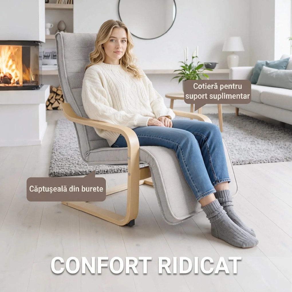 HOMCOM Fotoliu Dormitor Lemn de Mesteacăn și Material Textil cu Suport pentru Picioare Reglabil, Gri Deschis | Aosom Romania