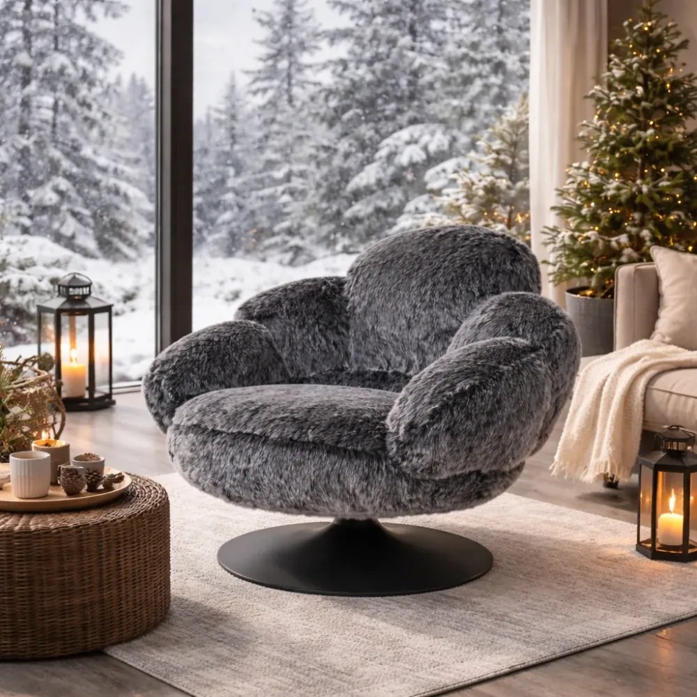 Fotoliu de relaxare rotativ 360° tip Lounge, tapițerie Mink Cashmere, bază metalică neagră Ø60 cm, Gri, 96x93x78 cm