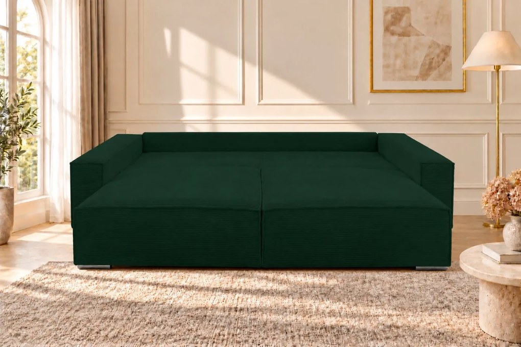 Canapea extensibilă Livia din catifea reiată, verde, cu ladă de depozitare