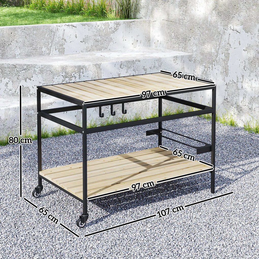 Outsunny Cărucior cu Roți din Lemn cu 2 Rafturi, 3 Cârlige, Blat cu Lamele și Mâner 107x65x80 cm Natural | Aosom Romania