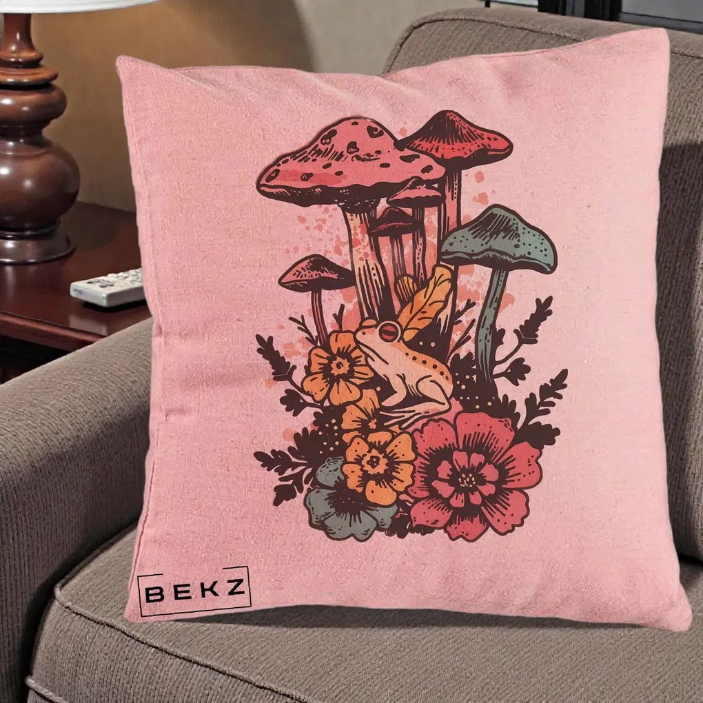Perna Decorativa Ciuperci si Broaste Boho, 40x40 cm, Roz, Husa Detasabila, Perna Inclusa, BEKZ®