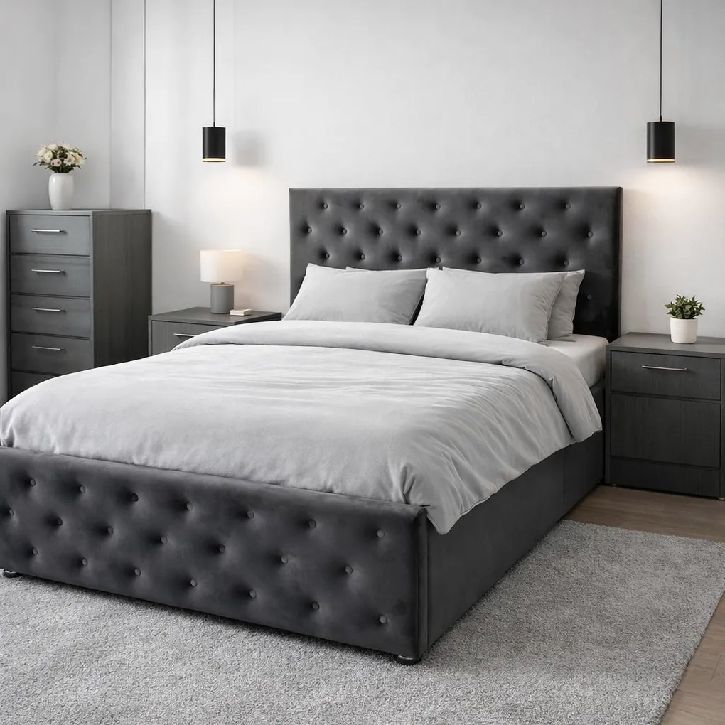 Pat tapitat Berlin cu somiera rabatabila si spatiu de depozitare, catifea gri , 120x200 cm 120 x 200, Gri