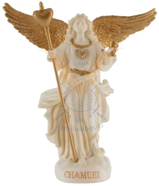 Mini statueta Arhanghelul Chamuel, finisaj alb marmura si auriu, 10 cm