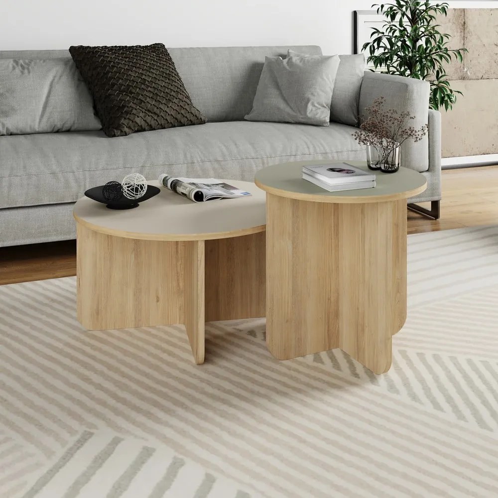 Măsuțe de cafea crem/în culoare naturală 2 buc. rotunde cu aspect de lemn de stejar ø 70 cm Hillary – Marckeric