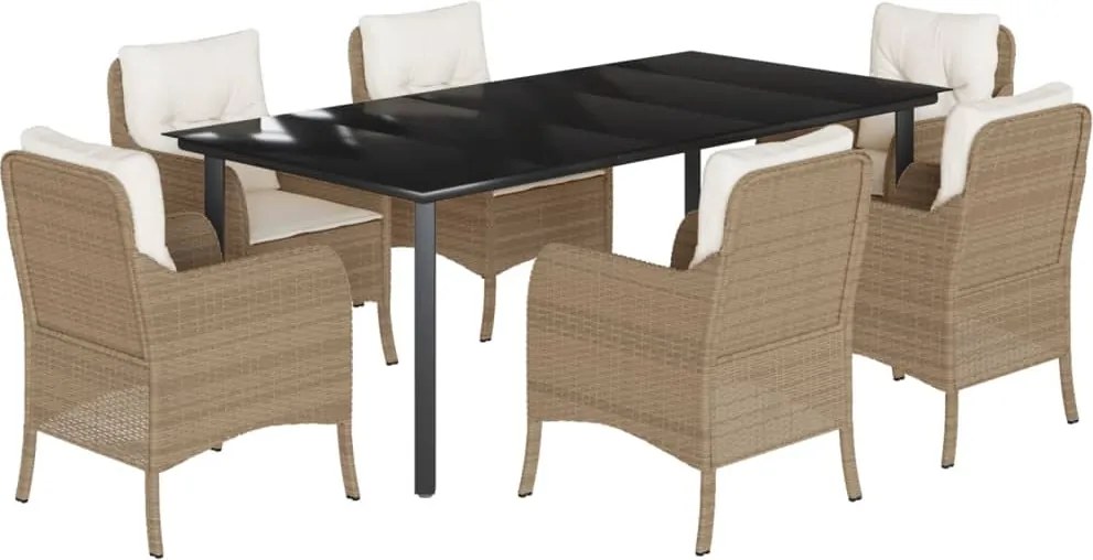 vidaXL Set de masă pentru grădină, 7 piese, cu perne, bej, poliratan