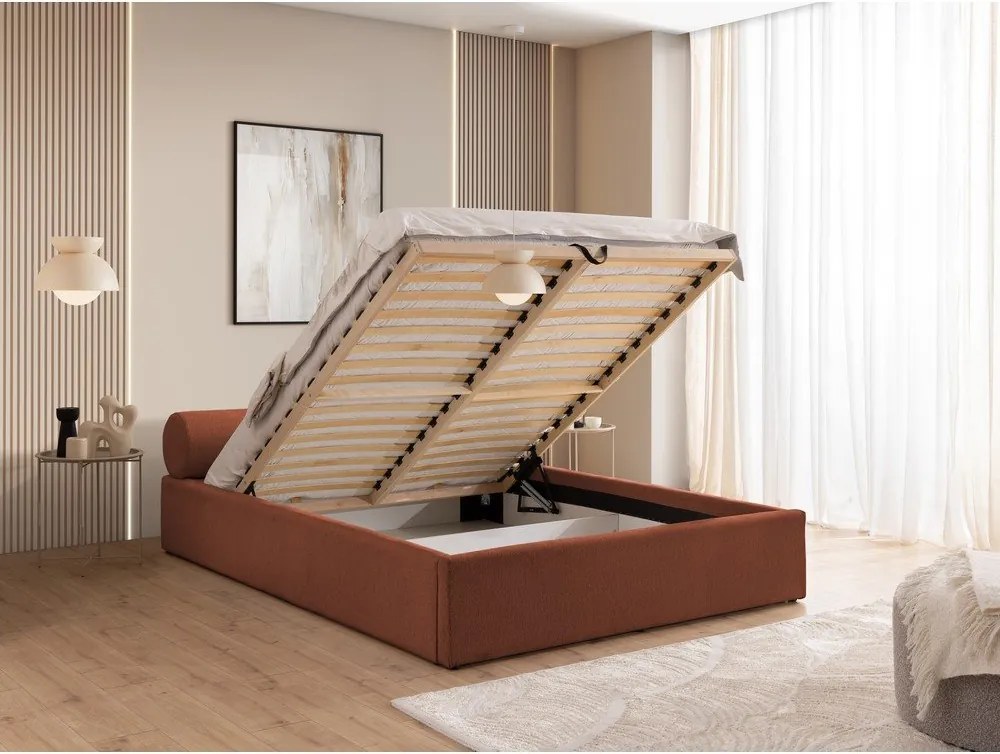 Pat matrimonial teracotă tapițat cu spațiu de depozitare cu somieră 180x200 cm Cille – Ropez