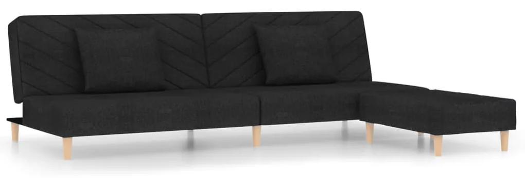 Canapea pat cu 2 locuri, cu 2 perne si taburet, negru, textil Negru, Cu scaunel pentru picioare