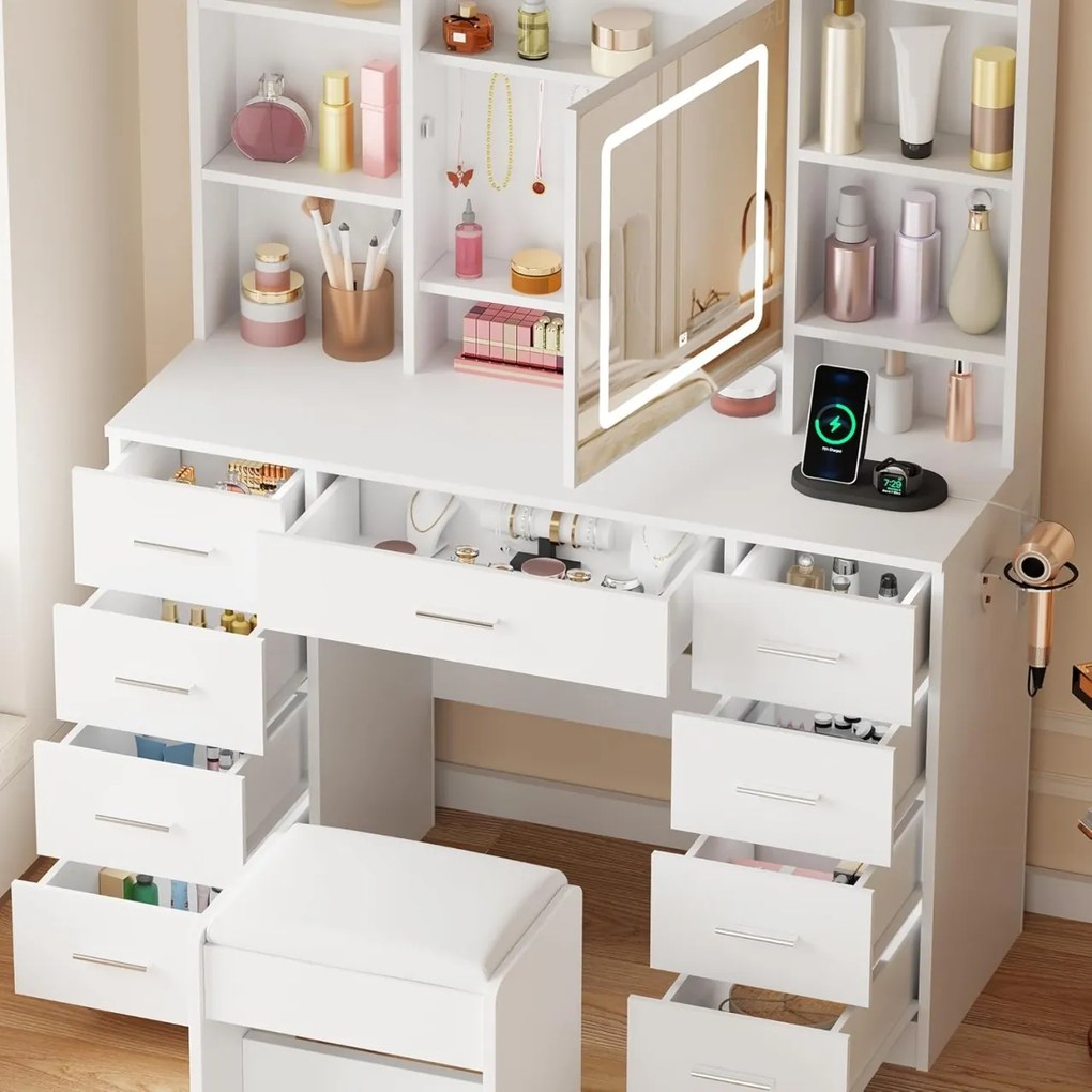 Masuta machiaj cu Oglinda LED si 9 Sertare pentru Cosmetice, Set Masa toaleta 110 cm, Alb, masuta cosmetica, vanity - SEA824