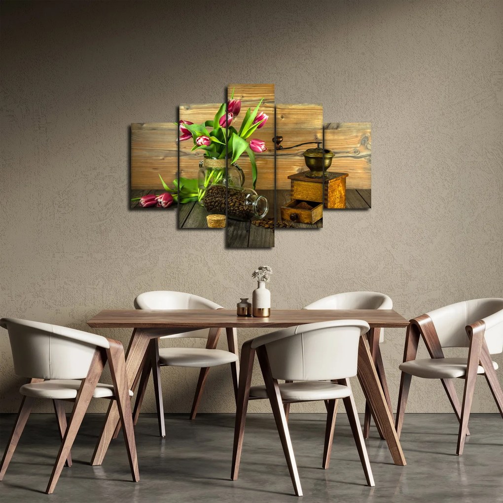 Tablou - lalele, râșniță și cafea (150x105 cm)