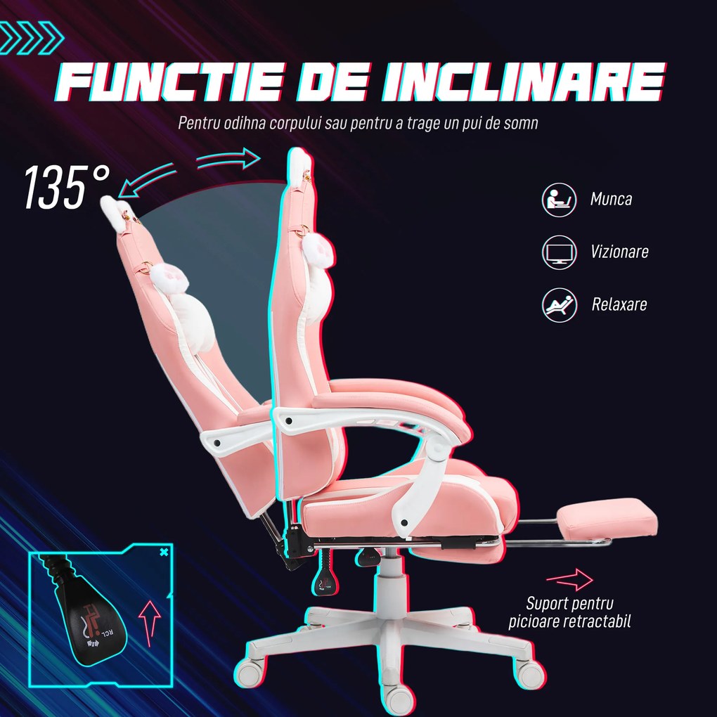 HOMCOM Scaun de Gaming Ergonomic cu Urechi de Pisică, Suport pentru Picioare și Suport Lombar, 65x62x116-124 cm, Roz | Aosom Romania