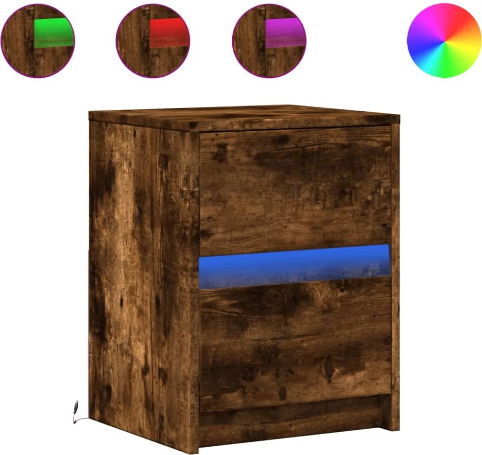 vidaXL Noptiere cu lumini LED, 2 buc., stejar fumuriu, lemn prelucrat