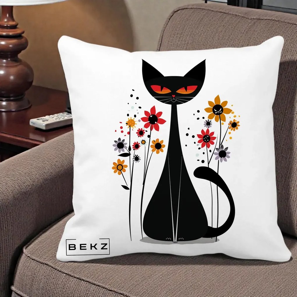Perna Decorativa Pisica Neagra Ochi Rosii Flori, 40x40 cm, Alba Mata, Husa Detasabila, Perna Inclusa, BEKZ®