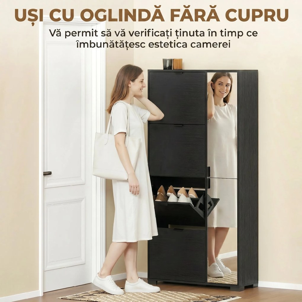 HOMCOM Dulap Pantofi cu Oglindă, 4 Sertare Rabatabile, Dulap de Hol, 82 x 30 x 168 cm, Negru | Aosom Romania