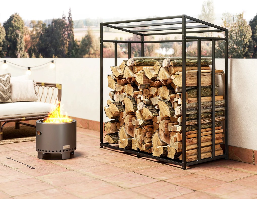 Outsunny Raft pentru lemne, suport pentru lemne din oțel, husă din material, sarcină 300 kg, 140 x 70 x 154 cm, Negru | Aosom Romania