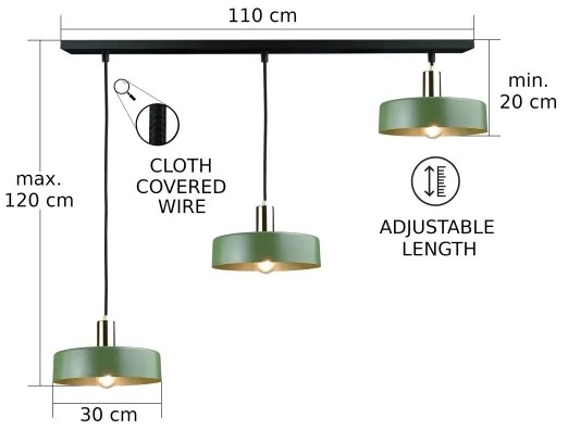Lustră pe cablu HAKI 3xE27/60W/230V verde/crom lucios