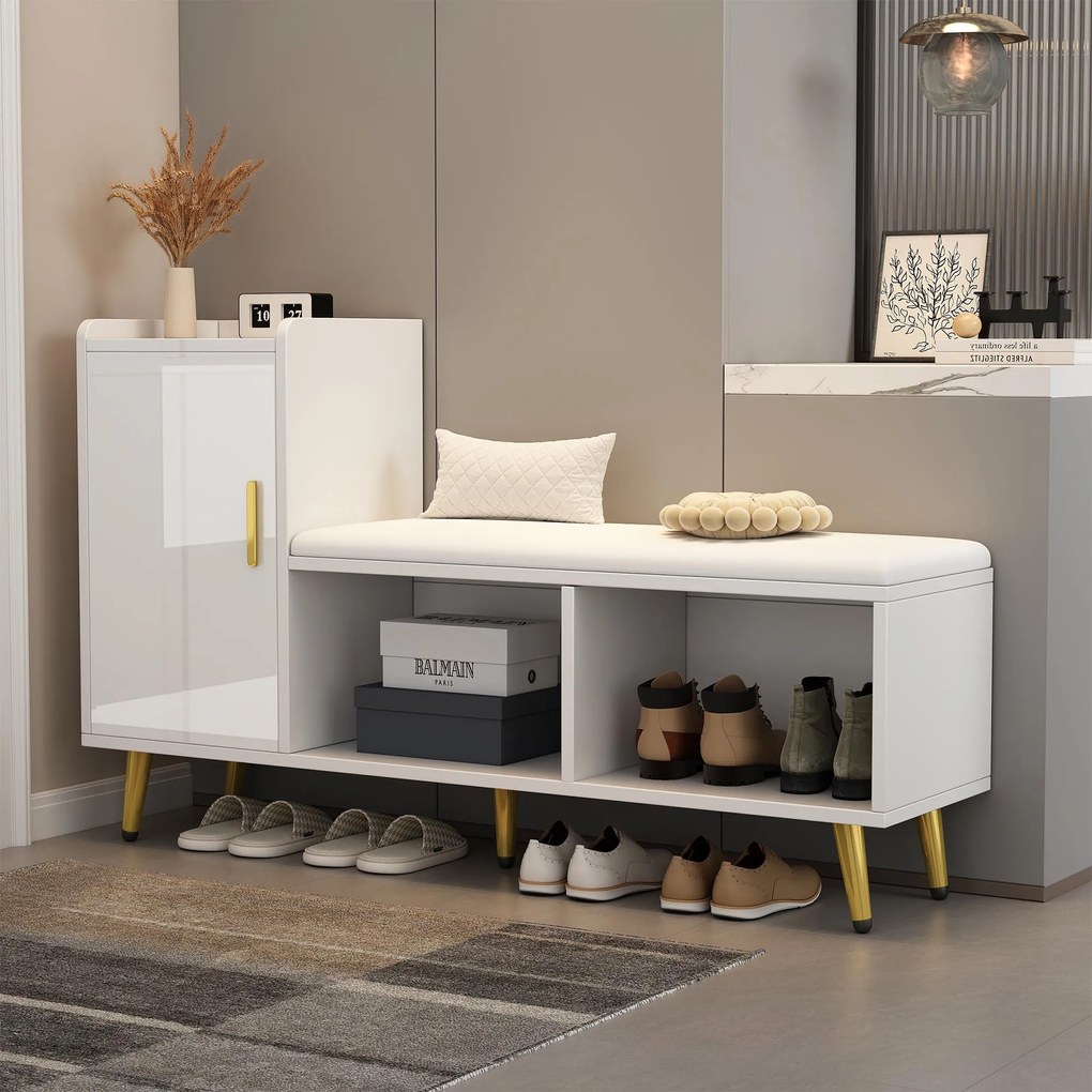 Dulap pentru pantofi cu finisaj lucios, bancă tapițată, rafturi ajustabile și accente aurii, pentru intrare, hol, 120x35x71,5 cm, Alb