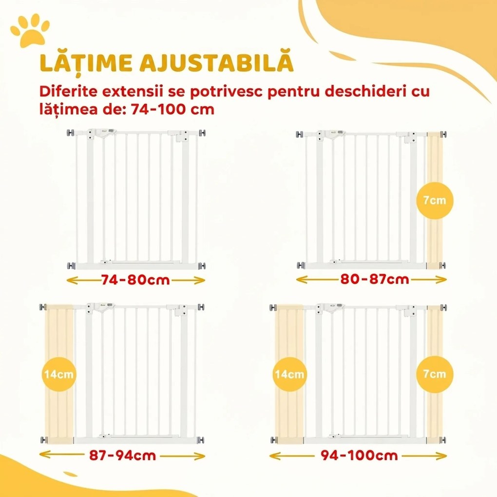 PawHut Poartă Extensibilă pentru Câini fără Șuruburi, Poartă de Siguranță Reglabilă cu 2 Extensii, 94-100 cm, Alb | Aosom Romania