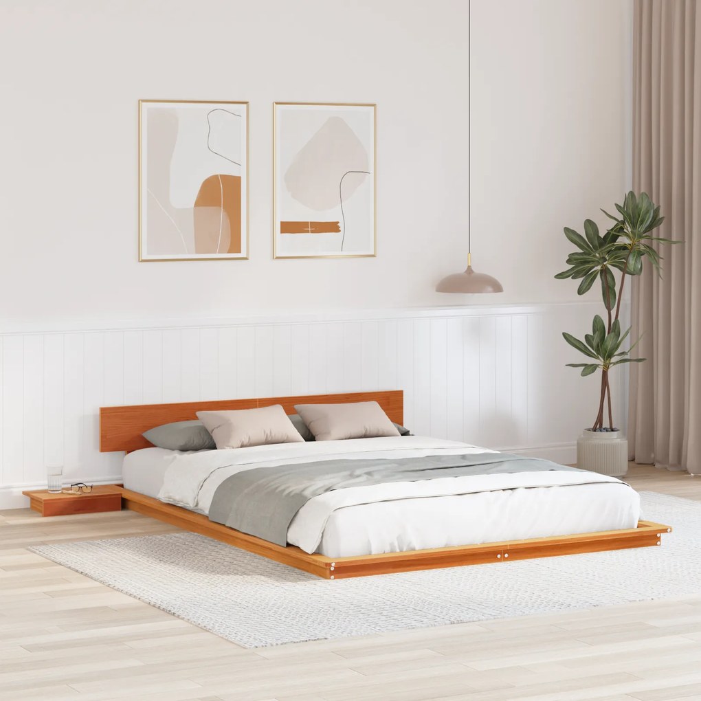 vidaXL Cadru de Pat la Podea cu Măsuțe de Noapte Maro Cerat 140x200cm Lemn Masiv